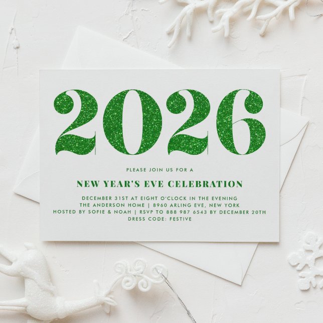 White and Green Glitter 2024 New Year's Eve Party Invitation (Customizable 2026 New Year's Eve party invitation featuring faux green glitter.)