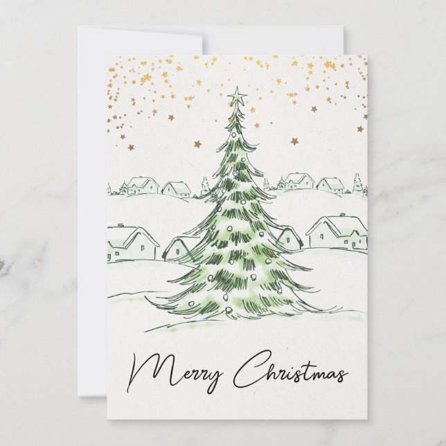 White and Green Hand drawn Cute Merry Christmas Holiday Card (Front)