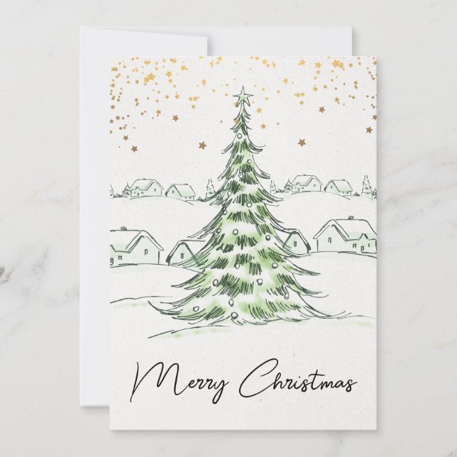 White and Green Hand drawn Cute Merry Christmas Invitation (Front)