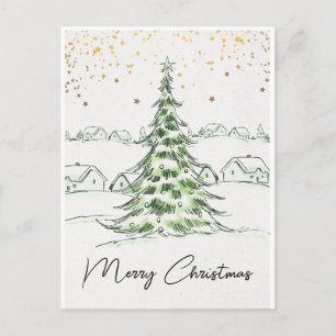 White and Green Hand drawn Cute Merry Christmas Postcard