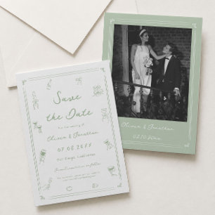 White and Green Hand Drawn Wedding Save the Date Invitation