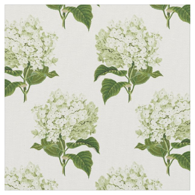 White and Green Hydrangea Flower Pattern Fabric (Close Up)