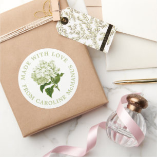 White and Green Hydrangea Made with Love Classic Round Sticker