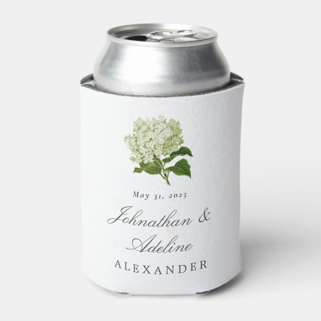 White and Green Hydrangea Wedding Favour Can Cooler (Can Front)