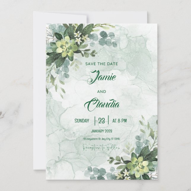 White and Green Minimalist Wedding Invitation (Front)