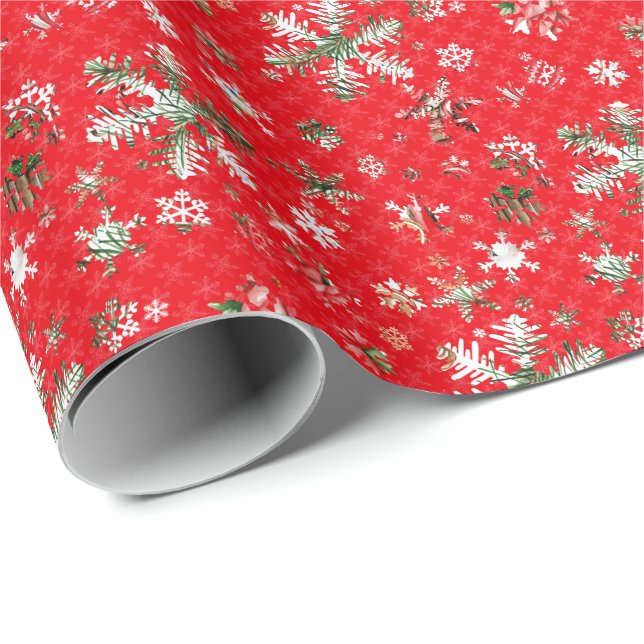 White and green snowflakes on a red background wrapping paper (Roll Corner)