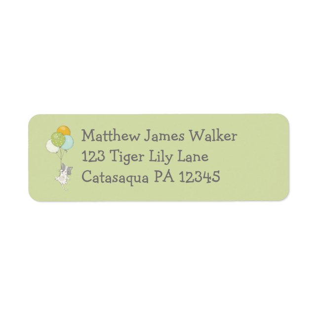 White and Grey Cat with Balloons Return Address (Front)