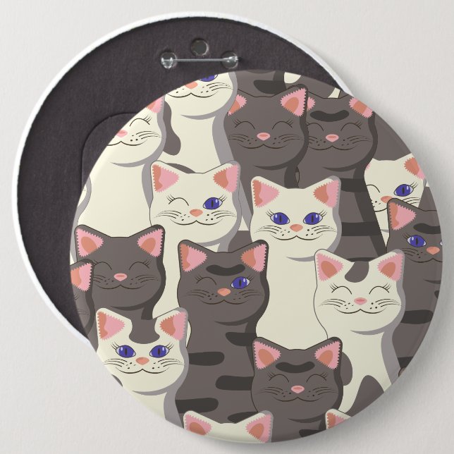 White and grey cats pattern 6 inch round button (Front & Back)