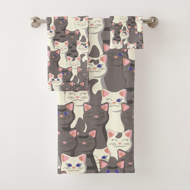 White and grey cats pattern bath towel set (Insitu)