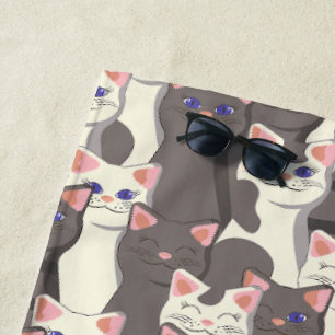 White and grey cats pattern beach towel