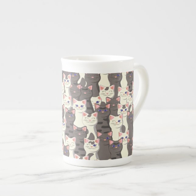 White and grey cats pattern bone china mug (Front Right)