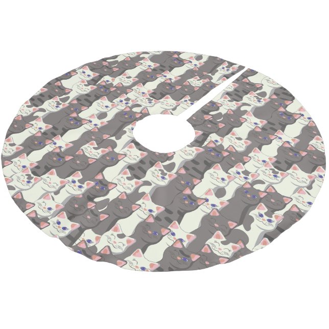 White and grey cats pattern brushed polyester tree skirt (Angled)