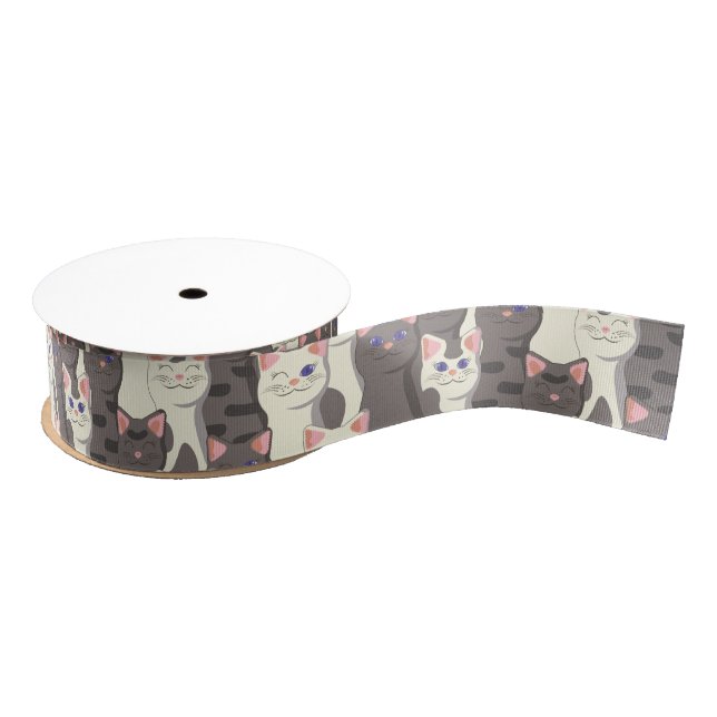 White and grey cats pattern grosgrain ribbon (Spool)