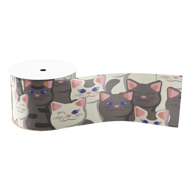 White and grey cats pattern grosgrain ribbon (Spool)