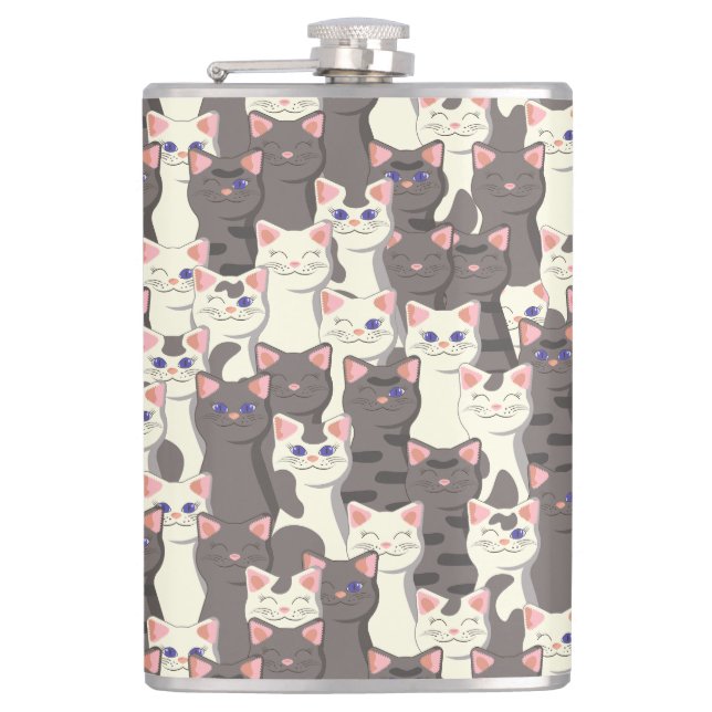 White and grey cats pattern hip flask (Front)