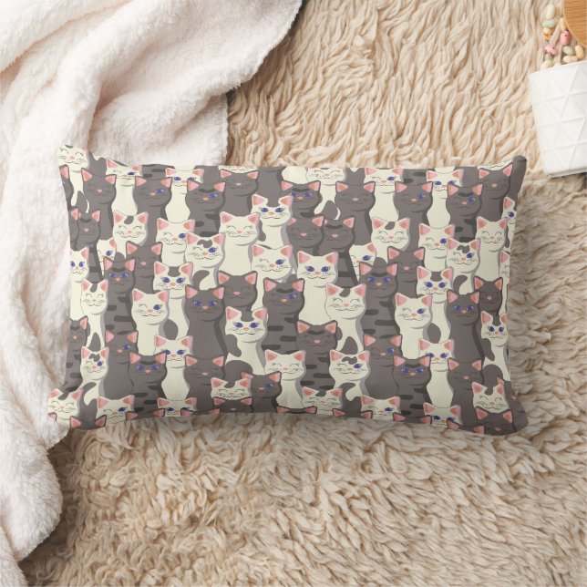 White and grey cats pattern lumbar pillow (Blanket)