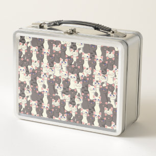 White and grey cats pattern metal lunch box