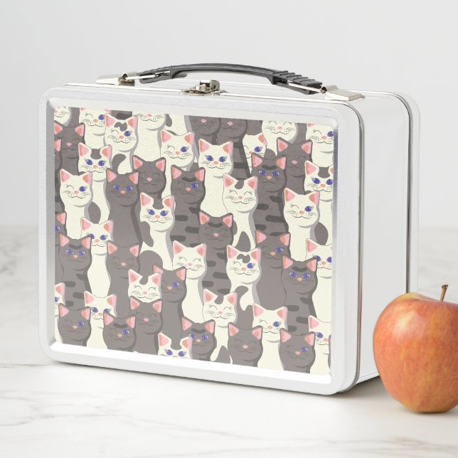 White and grey cats pattern metal lunch box (In Situ)