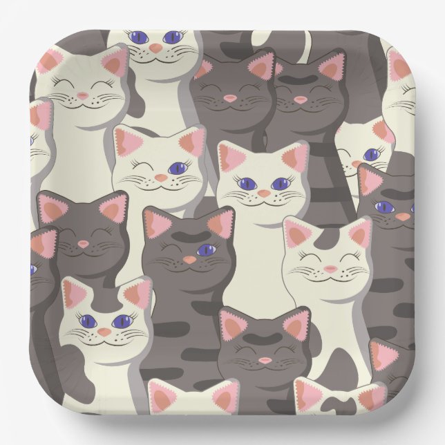 White and grey cats pattern paper plate (Front)