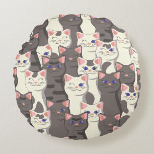 White and grey cats pattern round pillow