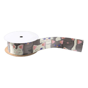 White and grey cats pattern satin ribbon