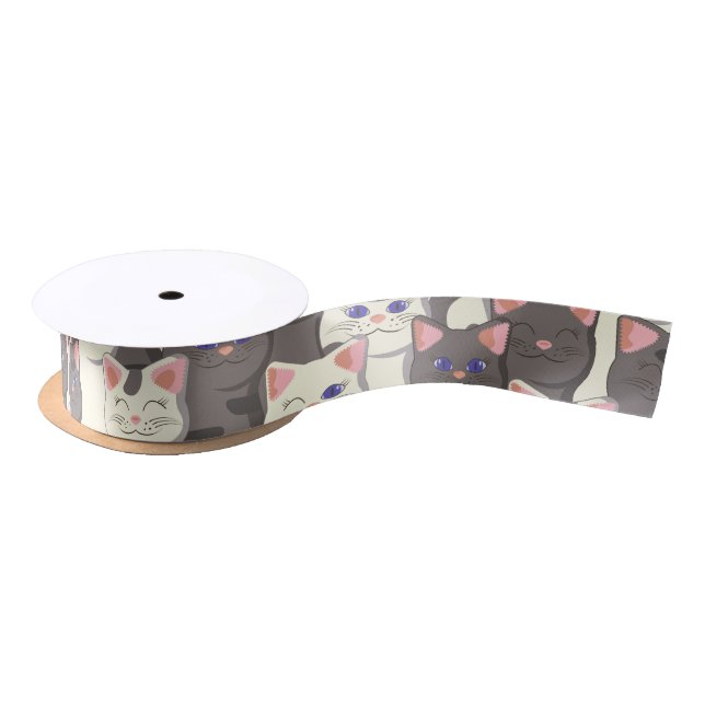 White and grey cats pattern satin ribbon (Spool)