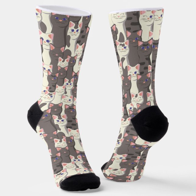 White and grey cats pattern socks (Angled)