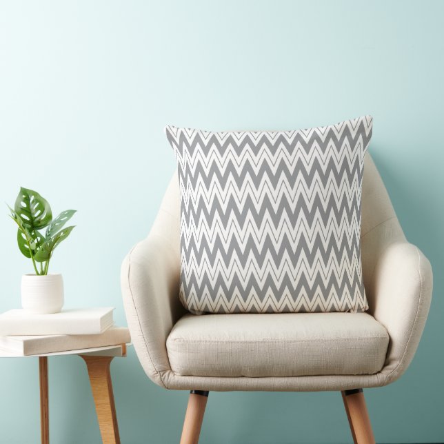 White And Grey Classic Zig Zag, Chevron Pattern Throw Pillow (Chair)
