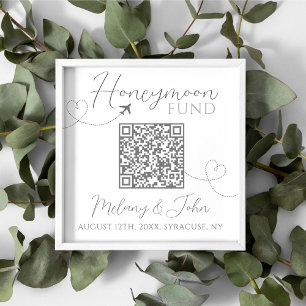 White and Grey Cute Elegant QR Code Honeymoon Fund Poster