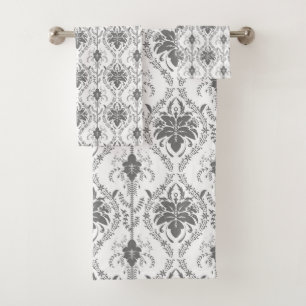White and grey Damask openwork pattern Bath Towel Set