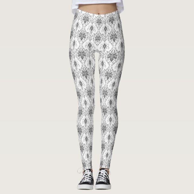 White and grey Damask openwork pattern Leggings (Front)
