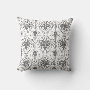 White and grey Damask openwork pattern Throw Pillow