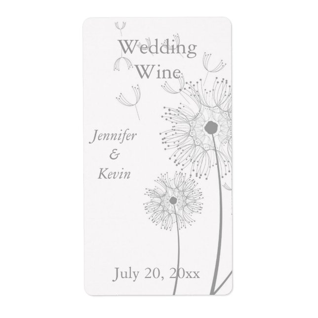 White and Grey Dandelion Wedding Mini Wine Labels (Front)