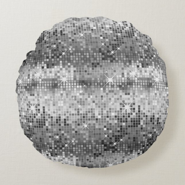 White And Grey Disco Glitter Print Round Pillow (Front)