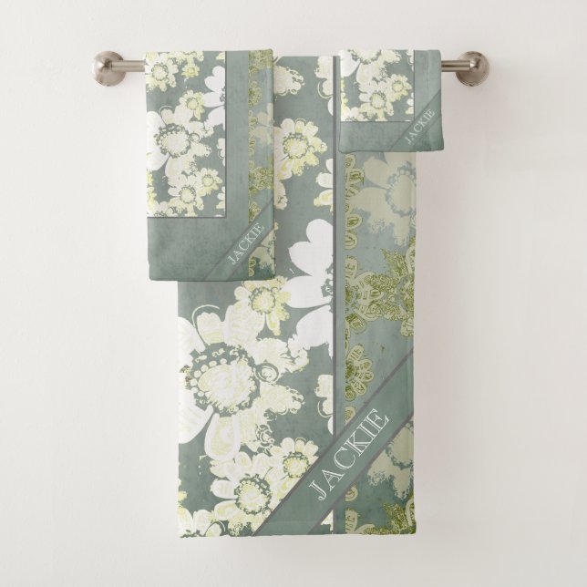 White and Grey Floral Lace Monogram Bath Towels (Insitu)