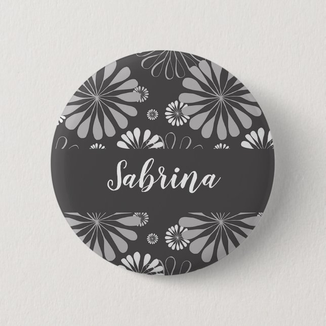 White and grey floral pattern 2 inch round button (Front)