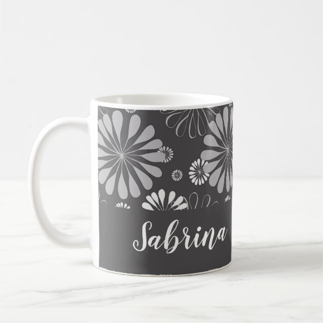 White and grey floral pattern coffee mug (Left)