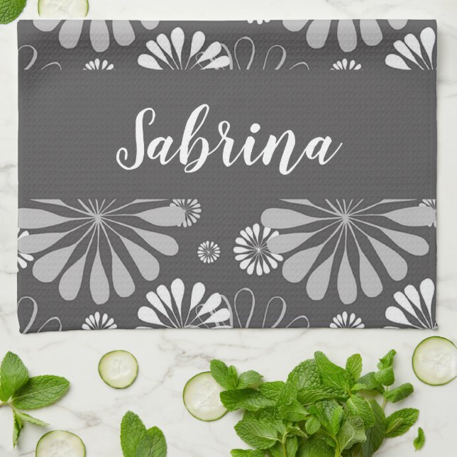 White and grey floral pattern kitchen towel (Folded)