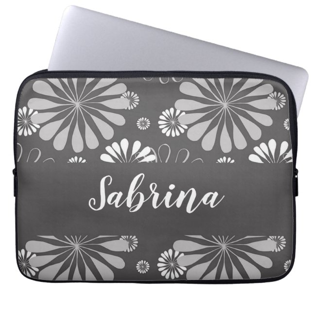 White and grey floral pattern laptop sleeve (Front)