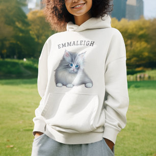 White and Grey Fluffy Furry Kitten Monogrammed Hoodie