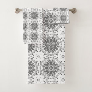 White and grey folklore ornament damask bath towel set
