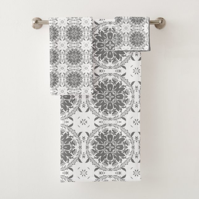 White and grey folklore ornament damask bath towel set (Insitu)