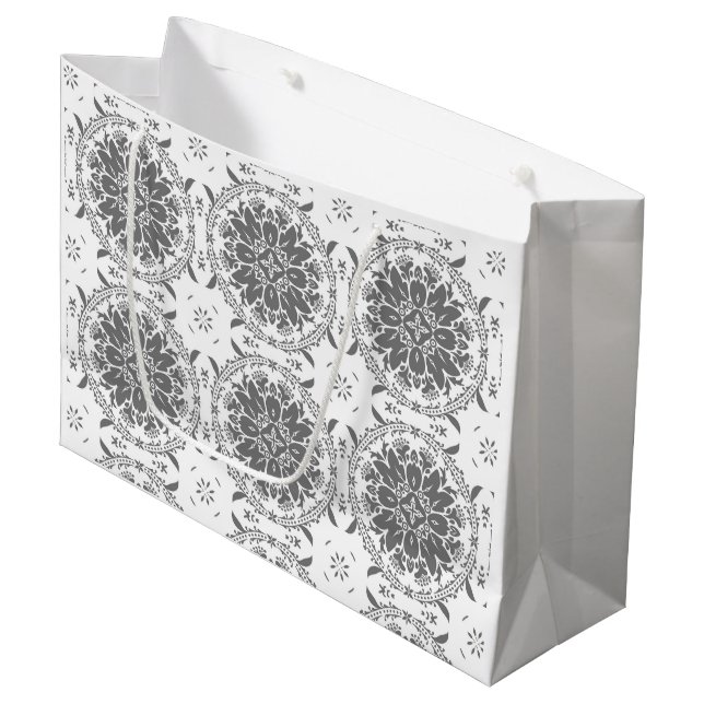 White and grey folklore ornament damask large gift bag (Front Angled)