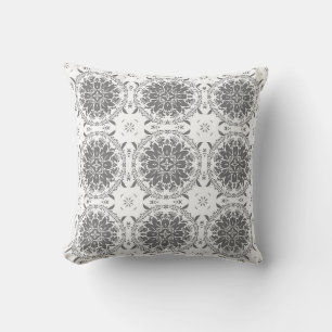 White and grey folklore ornament damask throw pillow