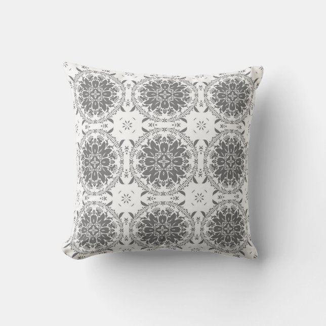 White and grey folklore ornament damask throw pillow (Front)