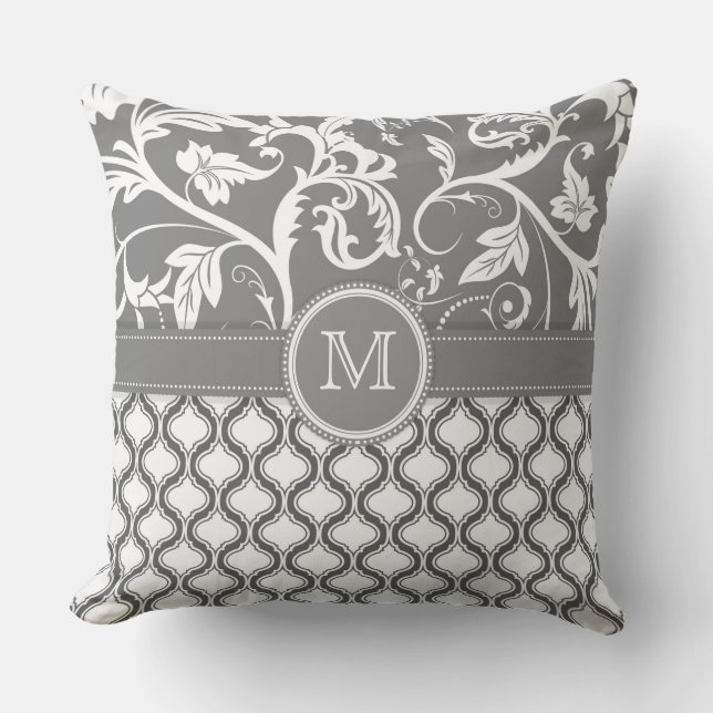 White And Grey Geometric Pattern And Floral Design Throw Pillow (Front)