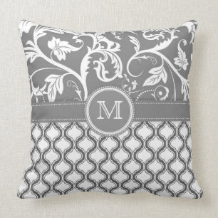 White And Grey Geometric Pattern And Floral Design Throw Pillow