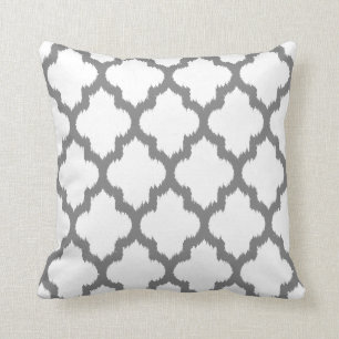 White And Grey Ikat Quatrefoil Geometric Pattern Throw Pillow