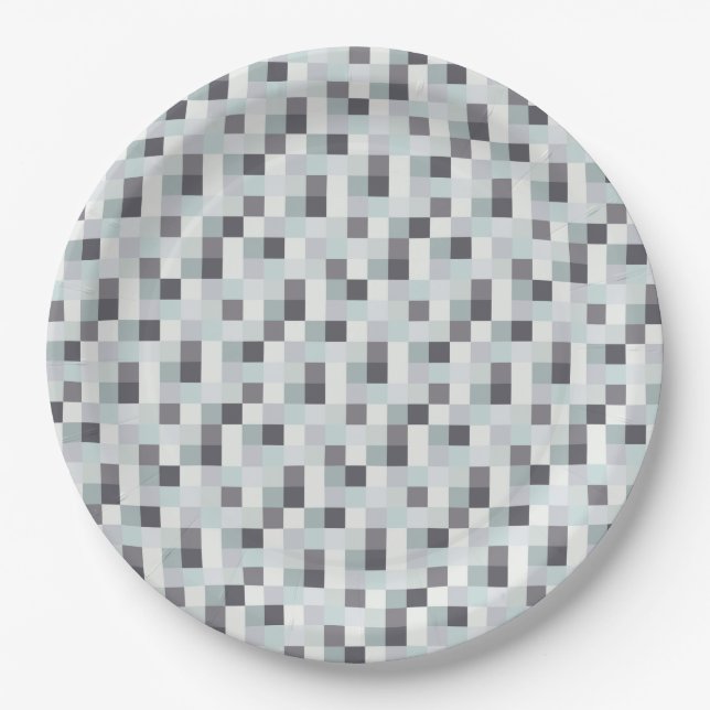 White and Grey Pixelated Pattern Paper Plate (Front)