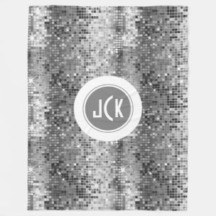 White And Grey Retro Disco-Ball Glitter Monogram Fleece Blanket